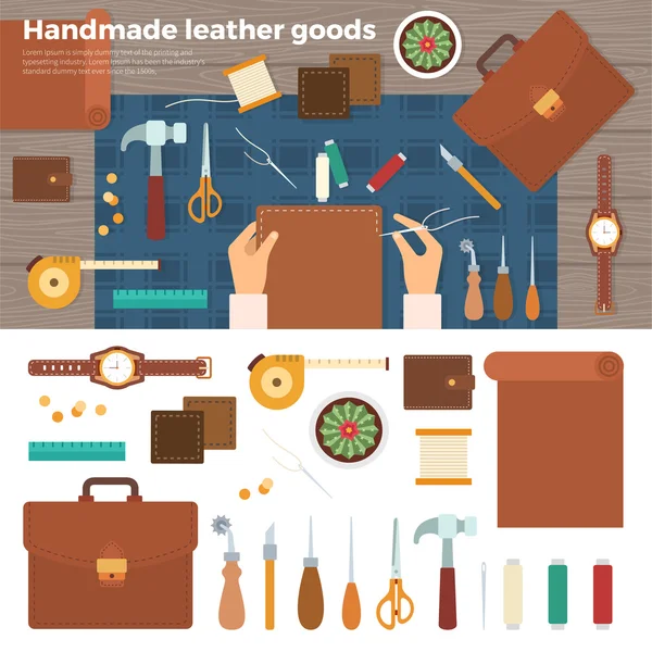Tools for Handmade with Leather. Hobby Concept — Stock Vector