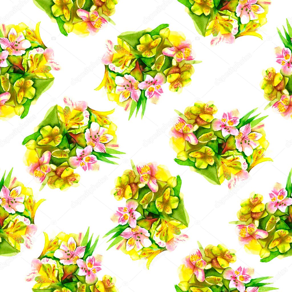 Seamless pattern yellow alstroemeria watercolor