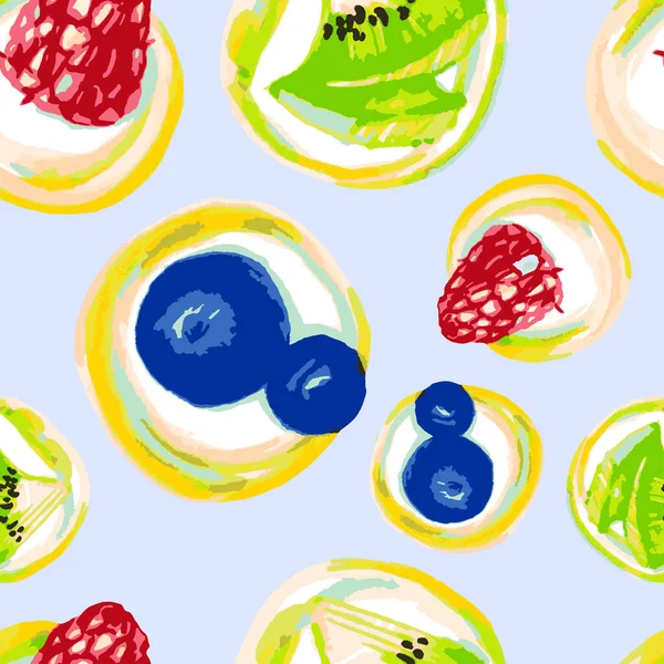 Mavi Arkaplan Vektöründeki Parlak Meyveli Keklerin Kusursuz Deseni — Stok Vektör