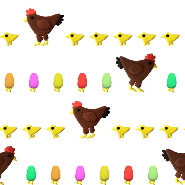 3d naadloos patroon Pasen kip met kippen plasticine — Stockfoto