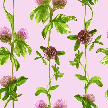 Kusursuz desenli kırmızı yonca yeşil yapraklar suluboya