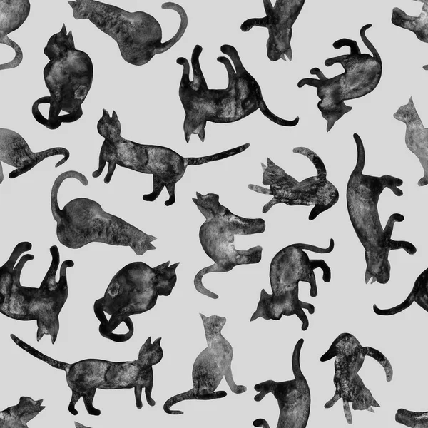 Płynny wzór sylwetki kotów szary akwarela — Zdjęcie stockowe