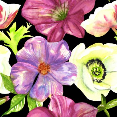 Kusursuz desenli büyük çiçekler pembe petunyalar gül rengi anemonlar suluboya