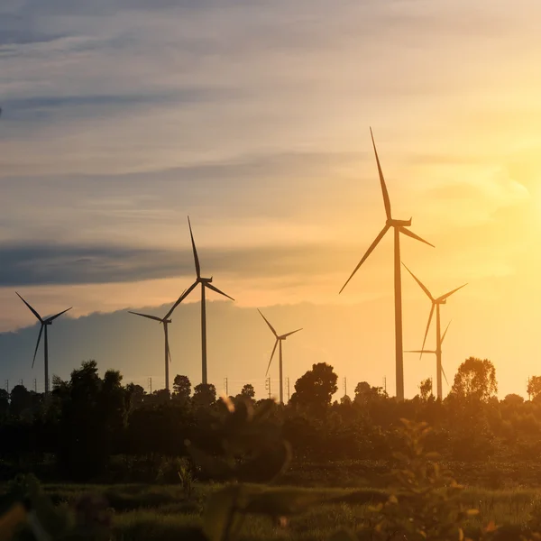 Windräder, Windparks Silhouette bei Sonnenuntergang in Thailand — Stockfoto