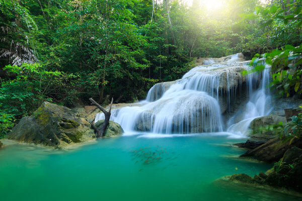 Erawan Waterfall, beautiful waterfall in rain forest, Erawan National Park in Kanchanaburi, Thailand