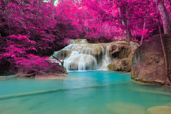 Erawan Waterfall, beautiful waterfall in rain forest, Erawan National Park in Kanchanaburi, Thailand