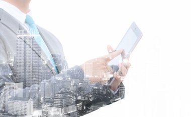 İş kavramı, işadamı city ile çift pozlama