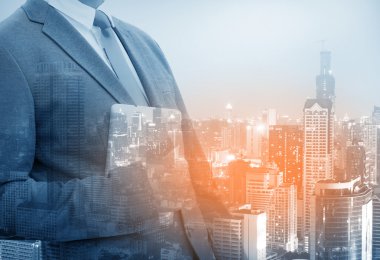 İş kavramı, işadamı city ile çift pozlama