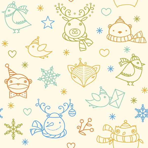 크리스마스 귀여운 만화 동물-새, 여우, 곰, 올빼미, 눈사람, 눈송이, 별. 계절 겨울 아이콘 설정. — 스톡 벡터