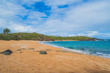 Tropikal Kızıl Kum Sahili 'nin panoramik manzarası ve gökyüzüne karşı mavi su