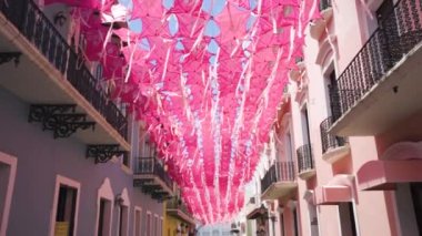 Pembe Uçurtmalar San Juan Puerto Rico 'da Fortaleza Caddesi' nin üzerinde çırpınıyor.