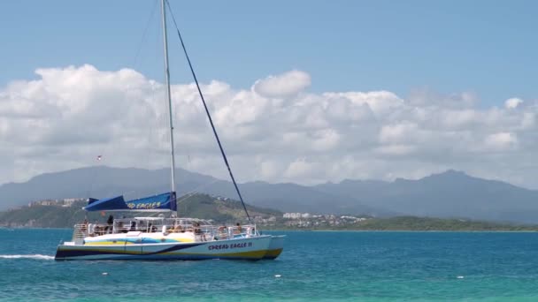 Catamaran motoring in blue waters of the Caribbean against blue sky — Stock Video