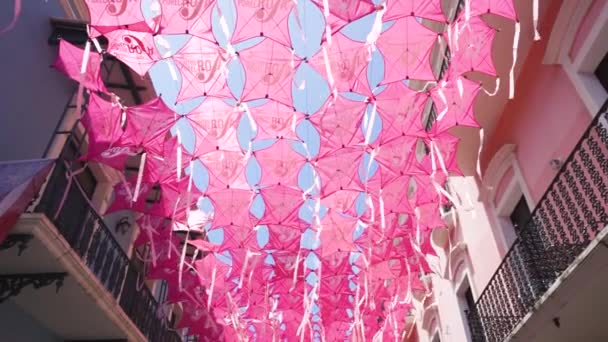 Cometas rosadas revolotean sobre la calle Fortaleza en San Juan Puerto Rico 60 fps — Vídeos de Stock