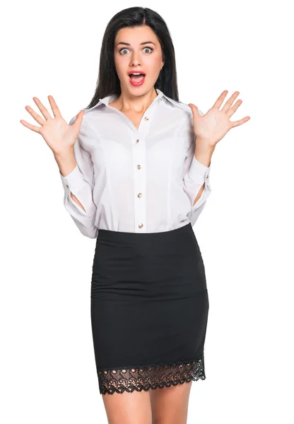 Beyaz arka plan üzerinde izole iş kadın sürpriz