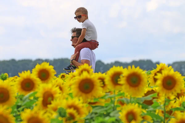 Šťastný joyfull otec s jeho roztomilý chytrý dobře vychovaný synem v oblasti kvetoucí slunečnice — Stock fotografie