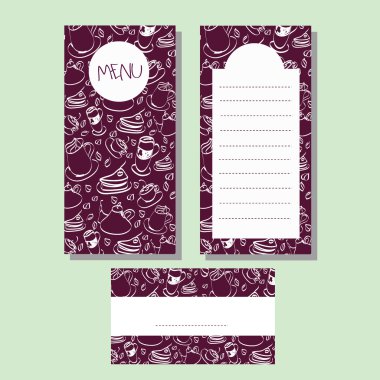 Cafe menü şablonu kümesi, Menekşe arka plan kahve ve kek