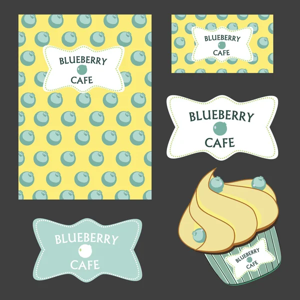 Blueberry cafe template cupcake yellow set — Stock Vector