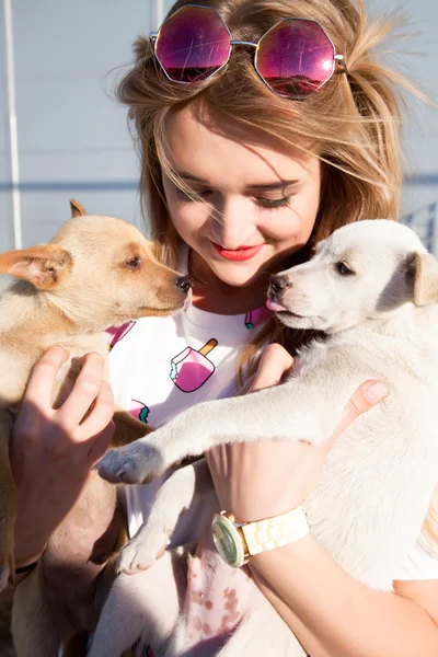 子犬を持つ若い女性 — ストック写真