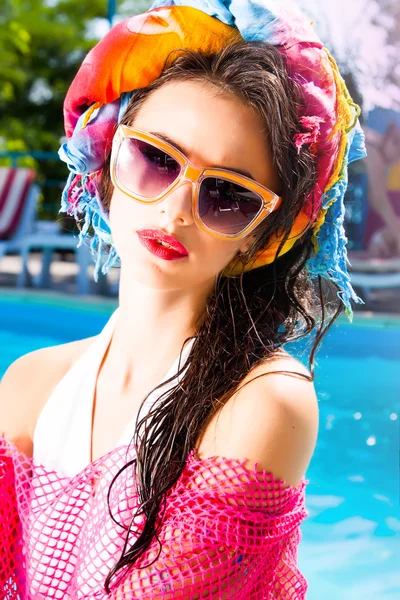 Glamour lady over the pool — Stock Photo, Image