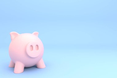 Paranız için pembe bir kumbara kasasının üç boyutlu çizimleri mavi fon üzerinden finansal birikimlerinizi ve finansal güvenliğinizi temsil ediyor.