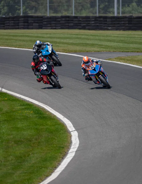 A shot of a racing motorbike as it circuits a track.