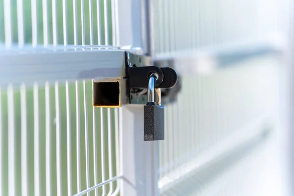 A hinged black lock on the gate of a metal light fence, a summer sunny day, the background is very blurred. A territory free of COVID-19. Concept: private property, fenced territory of the river, prohibition