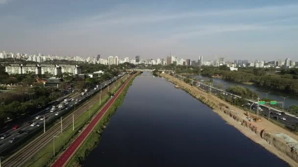 Vista Pinheiros Marginais Com Rio Pinheiros Edifícios Modernos São Paulo — Vídeo de Stock