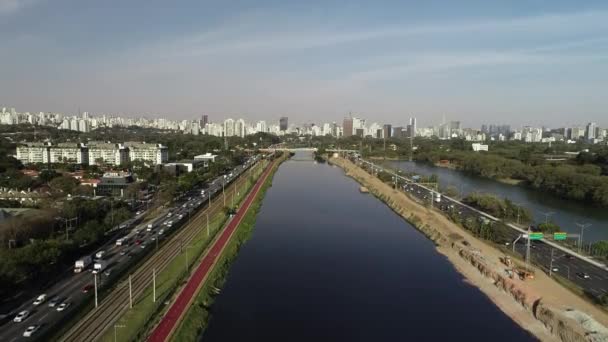 Vista Pinheiros Marginal Con Río Pinheiros Edificios Modernos Sao Paulo — Vídeos de Stock