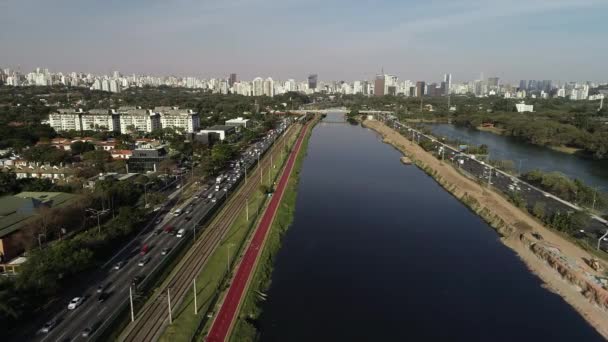 Vista Pinheiros Marginal Con Río Pinheiros Edificios Modernos Sao Paulo — Vídeos de Stock