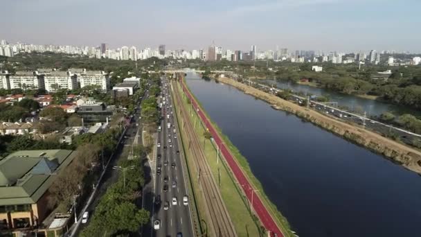 Vista Pinheiros Marginais Com Rio Pinheiros Edifícios Modernos São Paulo — Vídeo de Stock