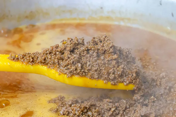 Industrieel Restaurant Pot Bolognese Saus Koken Typisch Braziliaans Eten — Stockfoto