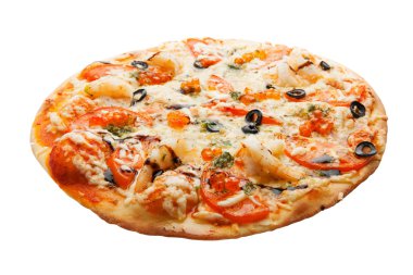 Havyar, karides, peynir, domates, beyaz arka plan üzerinde izole zeytin pizza