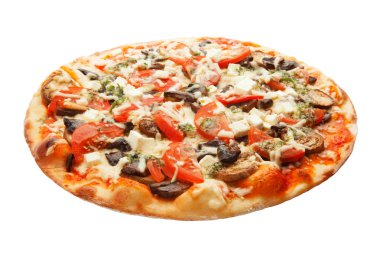 Mantar, peynir ve beyaz arka plan üzerinde izole domates pizza