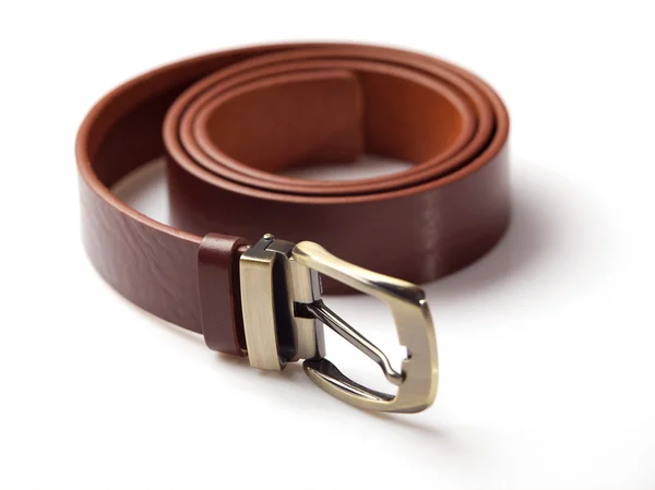 Brown men's belt with bronze clasp on white background — Stock Photo, Image
