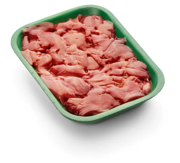 Raw chicken liver in a green tray over white background — Stock Photo, Image