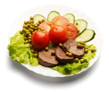 beyaz bir arka plan üzerinde bir tabak üzerinde domates soslu kızarmış et parçaları