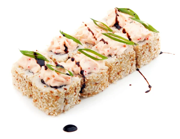 Sushi set med sesamfrön, grön lök och grädde isolerade på vit bakgrund — Stockfoto