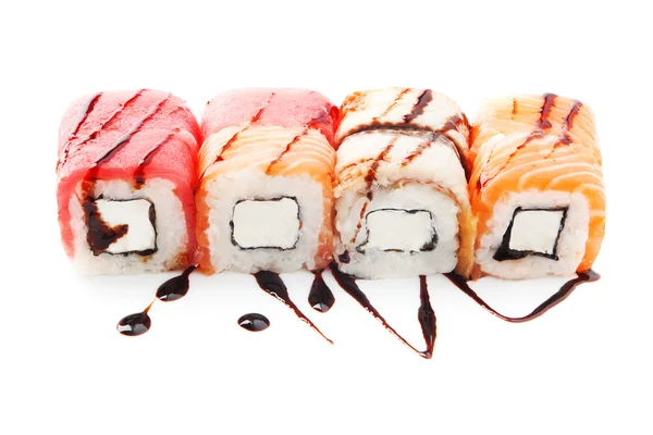 Klassisk sushi set med diferent typ av fisk (lax, tonfisk, ål) isolerad på vit bakgrund — Stockfoto