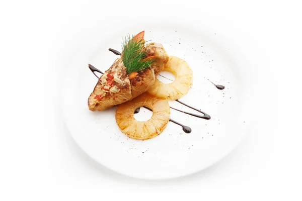 Fried fish with pineapple on white background — Stock Image Fried fish with pineapple on white background Stock Picture