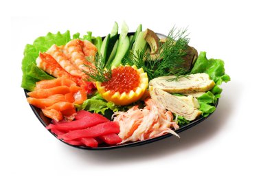 Sebze ve deniz ürünleri plaka beyaz arka plan üzerinde mix