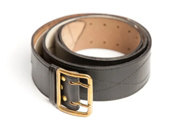 Black men's belt with bronze clasp on white background — Stock Photo, Image