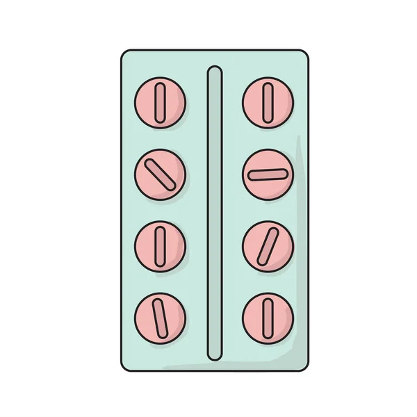 Illustrazione vettoriale del blister con pillole. Con contorno nero e colore su sfondo bianco. — Vettoriale Stock