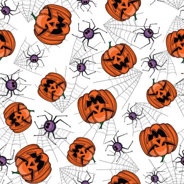 Beyaz arka planda el çizimi balkabakları ve örümcekler.