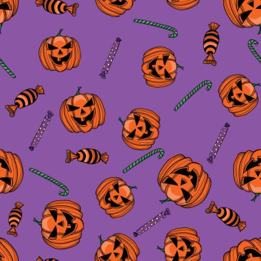 Renkli bir arkaplanda el çizimi balkabakları ve şekerler.