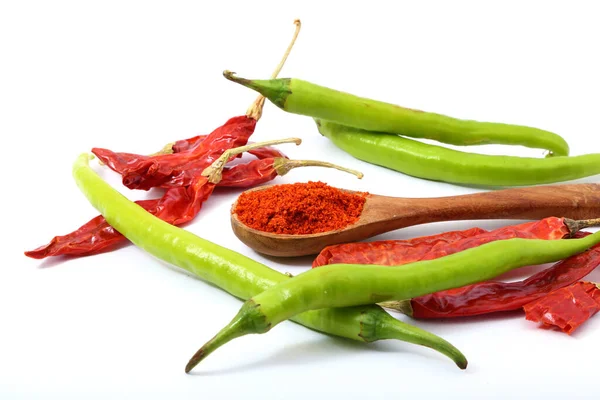 Red Chili Powder Red Green Chilies White Background — Stock Photo, Image