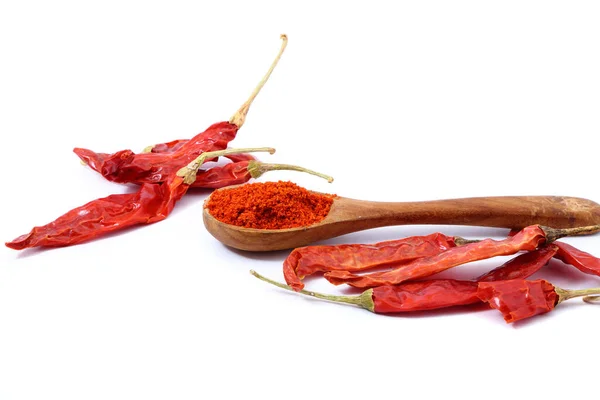 Red Chili Powder Wooden Spoon White Background — Stock Photo, Image