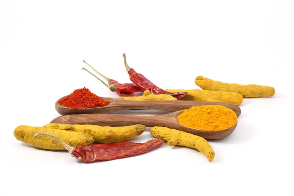 Turmeric Chili Powder Spices White Background — Stock Photo, Image