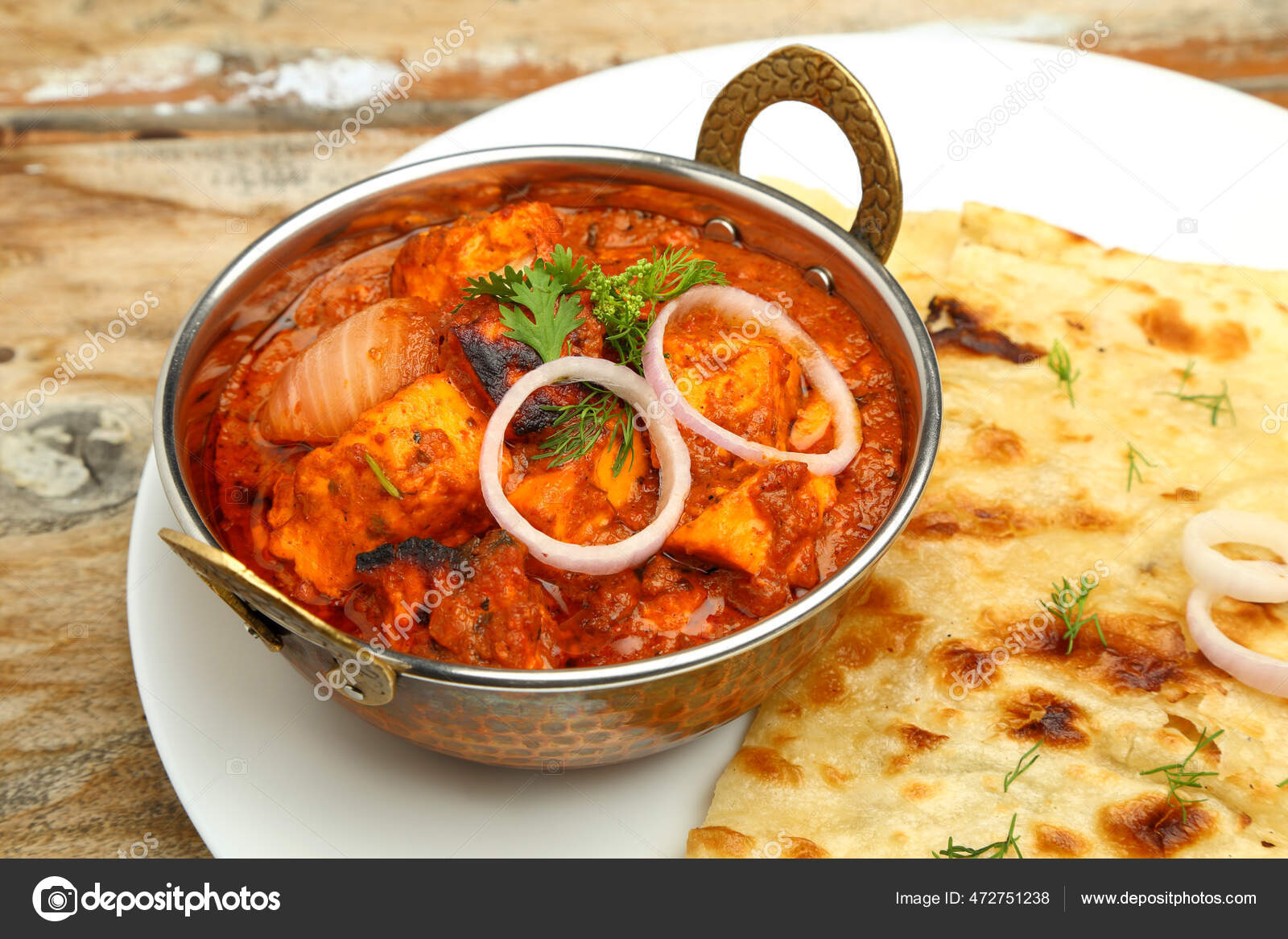 Indian Food Indian Curry Copper Brass Serving Bowl Bread Roti Stock