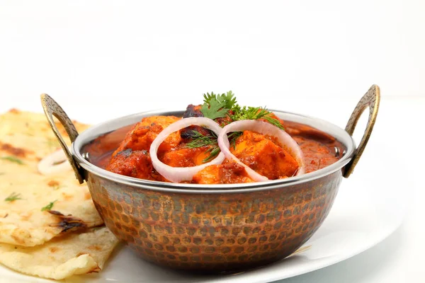 Comida India Curry Indio Cuenco Cobre Con Pan Roti — Foto de Stock