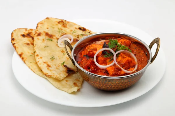 Comida India Curry Indio Cuenco Cobre Con Pan Roti — Foto de Stock